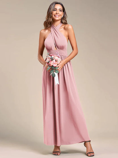 Convertible Halter A-Line  Waist Tea Length Backless Bridesmaid Dress