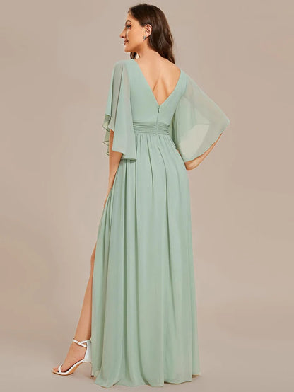 Half Sleeve V-Neck Pleated High Slit A-Line Chiffon Bridesmaid Dress