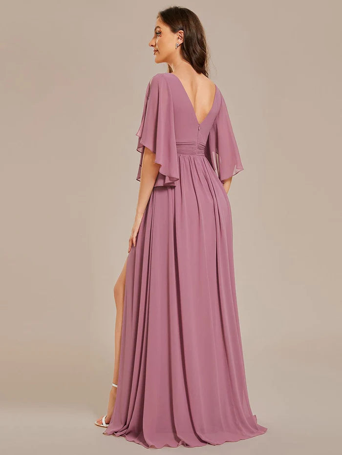 Half Sleeve V-Neck Pleated High Slit A-Line Chiffon Bridesmaid Dress