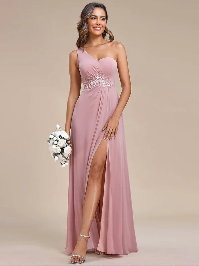 Waist Applique One-Shoulder A-Line Bridesmaid Dress with High Slit