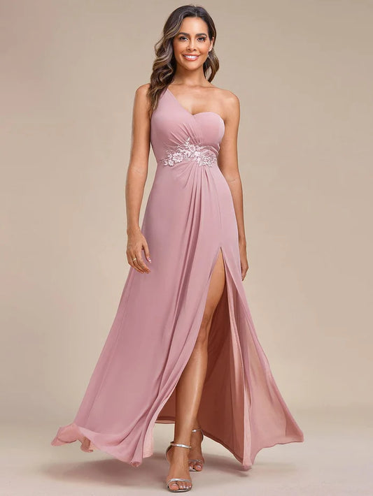 Waist Applique One-Shoulder A-Line Bridesmaid Dress with High Slit