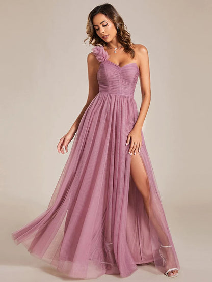 Sweetheart Neckline One Shoulder with Floral Tulle High Slit Bridesmaid Dress