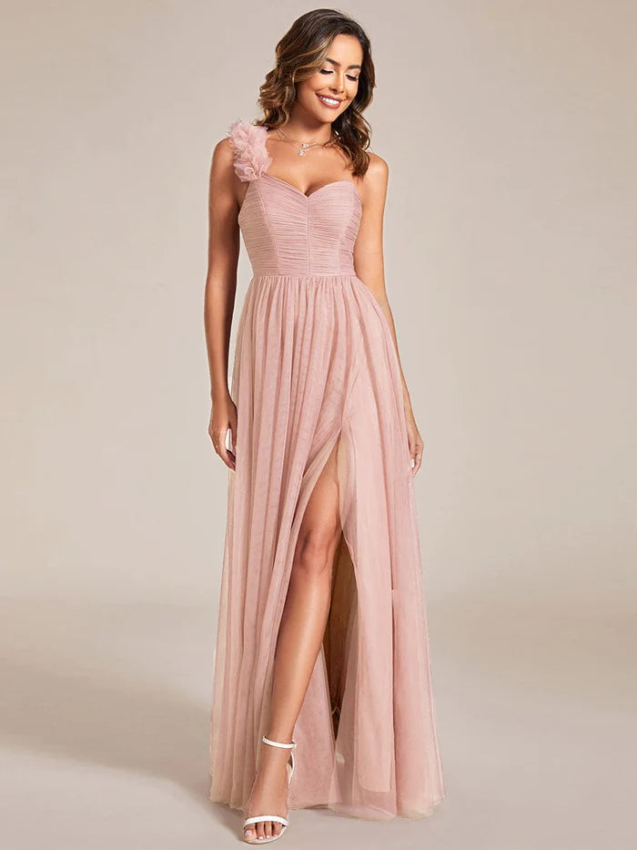 Sweetheart Neckline One Shoulder with Floral Tulle High Slit Bridesmaid Dress