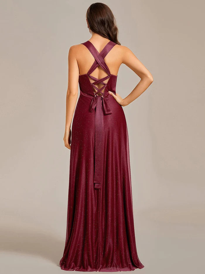 Glittery Pleated V-neck Adjustable Back Lace-Up Sleeveless Bridesmaid Dress