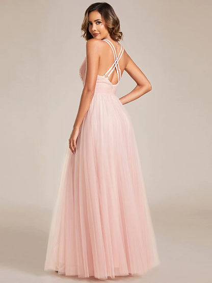 Sleeveless Waist Applique Cross-Back Straps Tulle Bridesmaid Dress