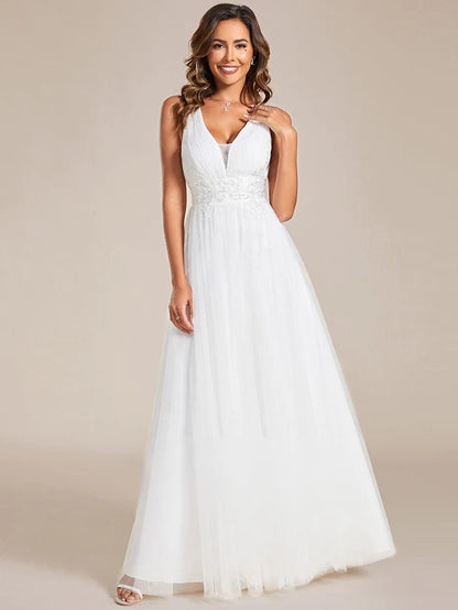 Sleeveless Waist Applique Cross-Back Straps Tulle Bridesmaid Dress