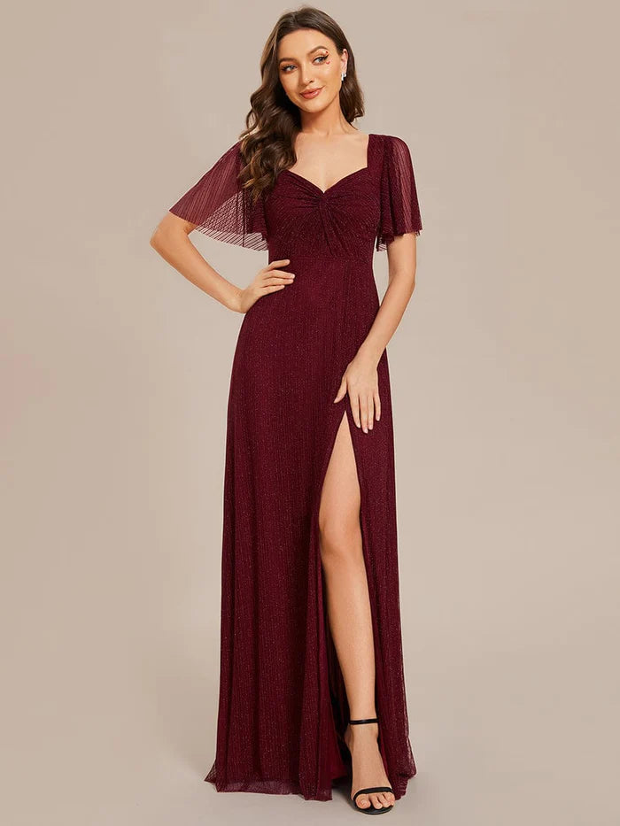 Glittery A-Line High Slit  Waist Short Sleeves Back Lace-Up Bridesmaid Dress