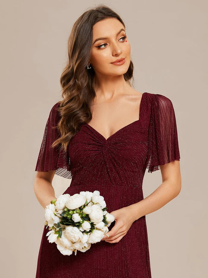 Glittery A-Line High Slit  Waist Short Sleeves Back Lace-Up Bridesmaid Dress