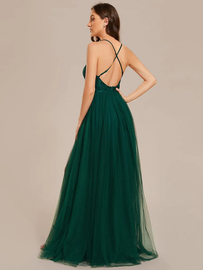 Spaghetti Straps Cross-Back Lace Top A-Line High Slit Tulle Bridesmaid Dress