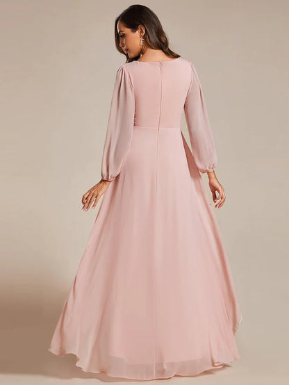 A-Line Pleated See-Through Long Lantern Midi Chiffon Bridesmaid Dress