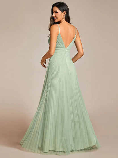 Empire Waist Spaghetti Sratp V-Neck Backless Tulle Bridesmaid Dress