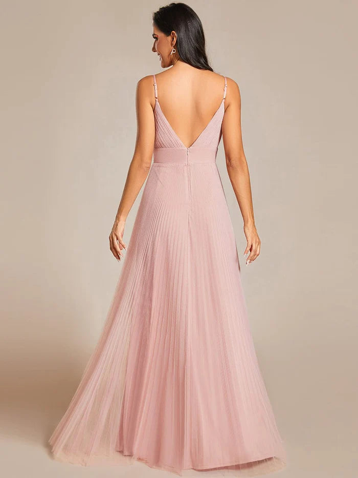 Empire Waist Spaghetti Sratp V-Neck Backless Tulle Bridesmaid Dress