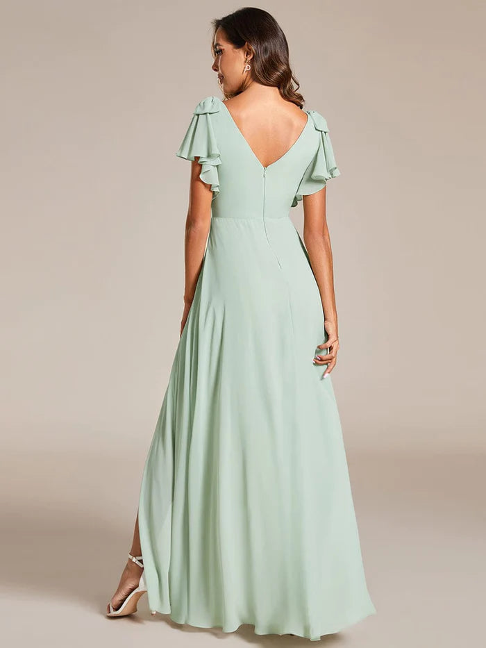 Short Sleeves with Bowknot High Front Slit A-Line Chiffon Bridesmaid Dress