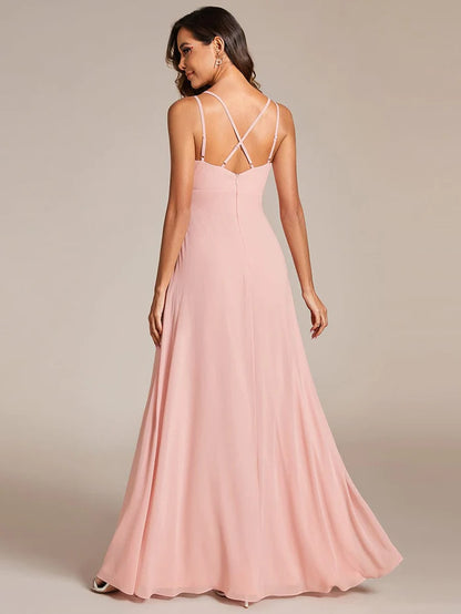 Deep V-Neck High Front Slit Spaghetti Strap Back X-Cross Bridesmaid Dress