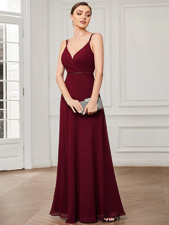 V-neck Pleated Spaghetti Strap Chiffon Bridesmaid Dress