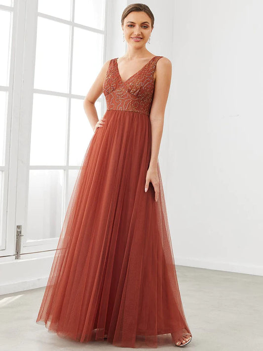 V-Neck Sleeveless A-Line Tulle Bridesmaid Dress