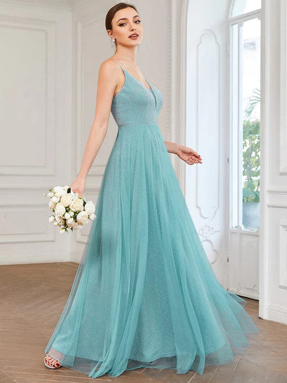 A-Line Sparkly V-Neck Illusion Panel Bridesmaid Dress