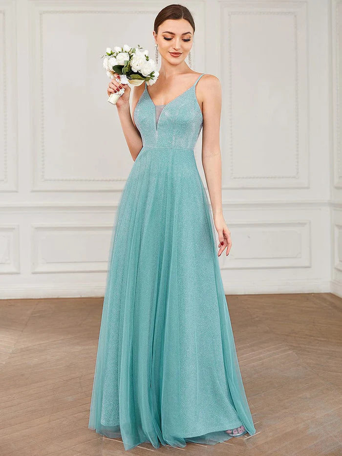 A-Line Sparkly V-Neck Illusion Panel Bridesmaid Dress