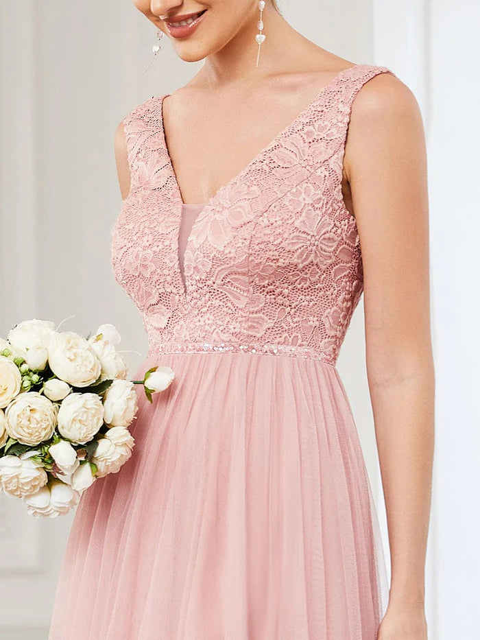 Lace Sleeveless V-Neck Backless High Low Bridesmaid Dress