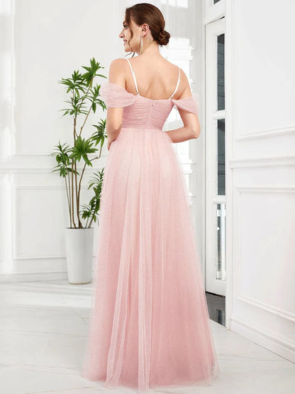 Cold Shoulder Spaghetti Strap Pleated Sequin Tulle Bridesmaid Dress