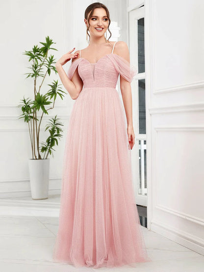 Cold Shoulder Spaghetti Strap Pleated Sequin Tulle Bridesmaid Dress