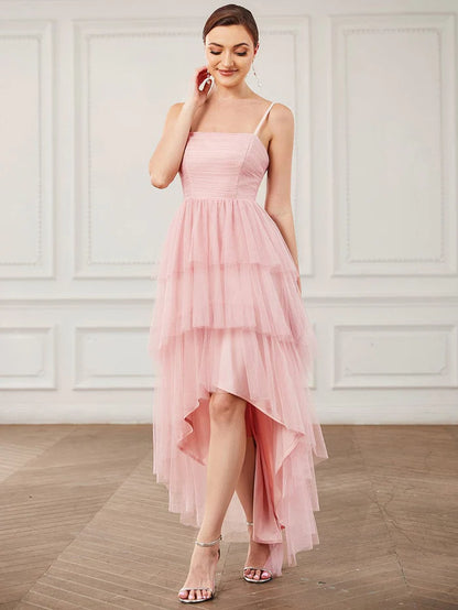 Tulle Spaghetti Strap Ruffled High-Low Bridesmaid Dress