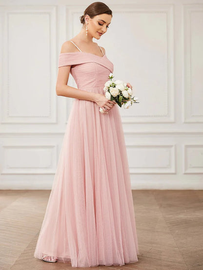 Spaghetti Strap Cold Shoulder Cross Over A-Line Tulle Bridesmaid Dress