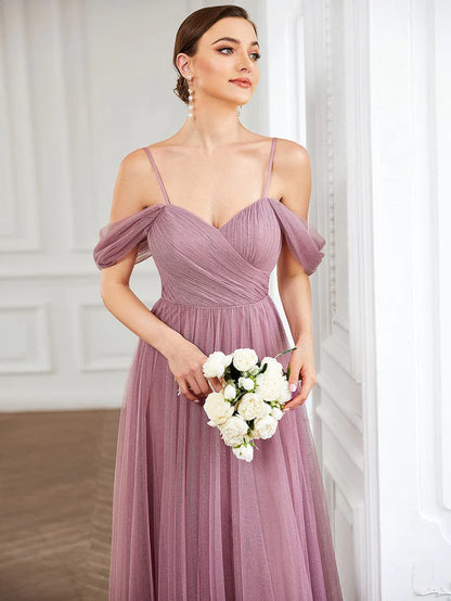 Draped Sleeve Spaghetti Strap A-Line Tulle Bridesmaid Dress