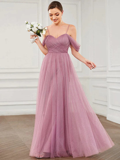 Draped Sleeve Spaghetti Strap A-Line Tulle Bridesmaid Dress