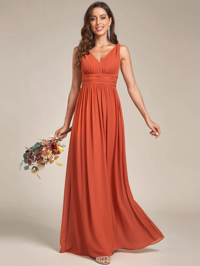 Sleeveless V-Neck Plain Chiffon Maxi Bridesmaid Dress