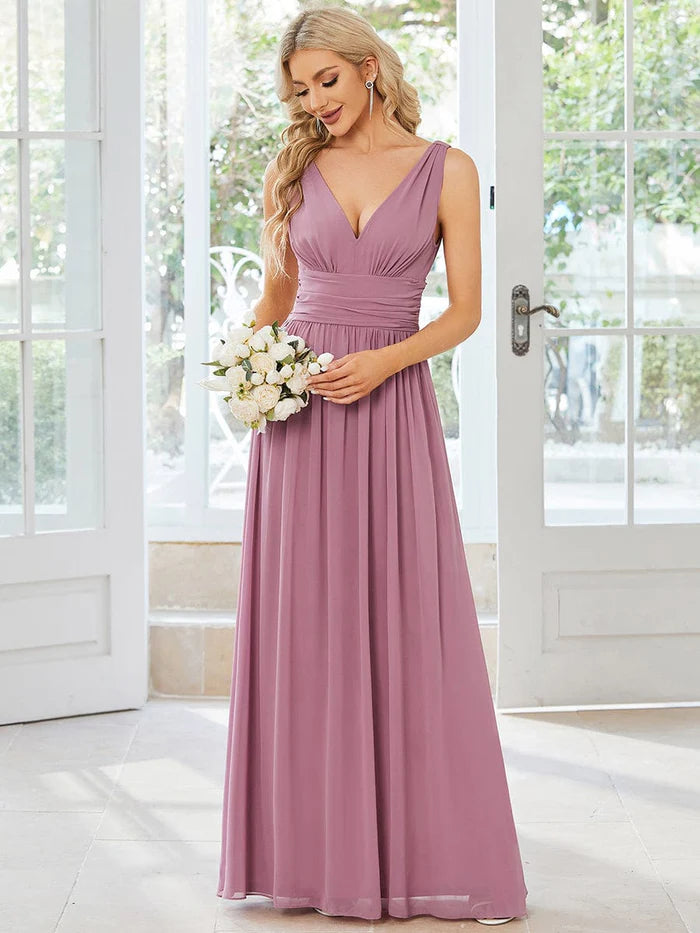 Sleeveless V-Neck Plain Chiffon Maxi Bridesmaid Dress