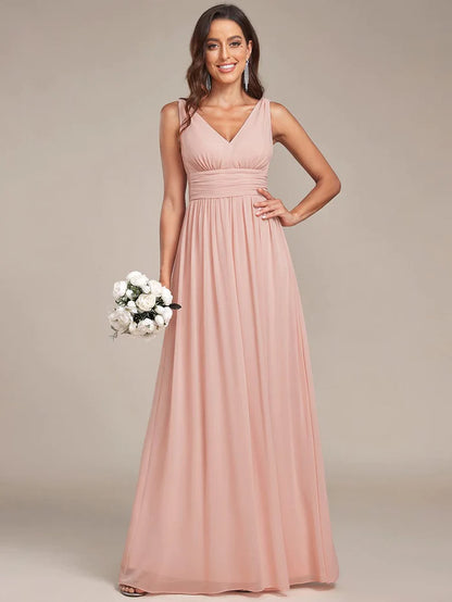 Sleeveless V-Neck Plain Chiffon Maxi Bridesmaid Dress