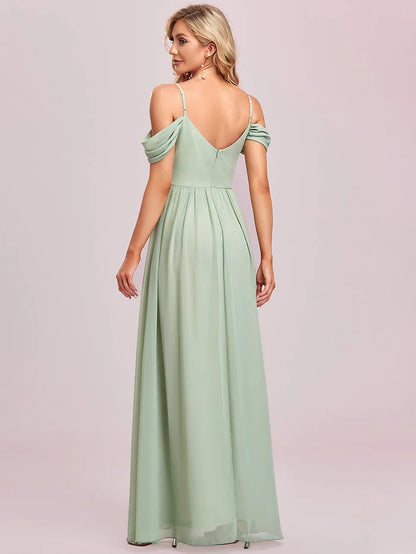 Pleated V-Neck Cold Shoulder Bridesmaid Dress