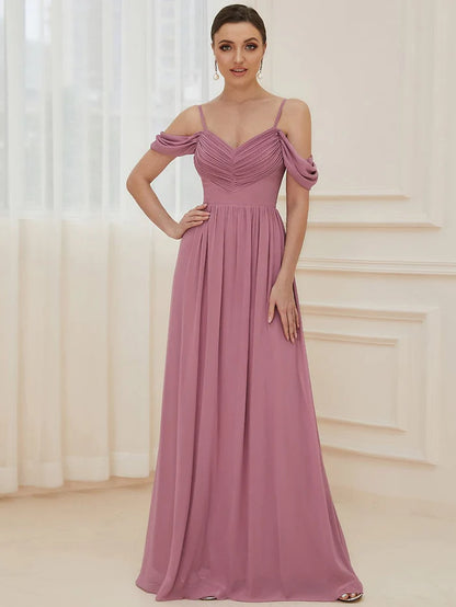 Pleated V-Neck Cold Shoulder Bridesmaid Dress