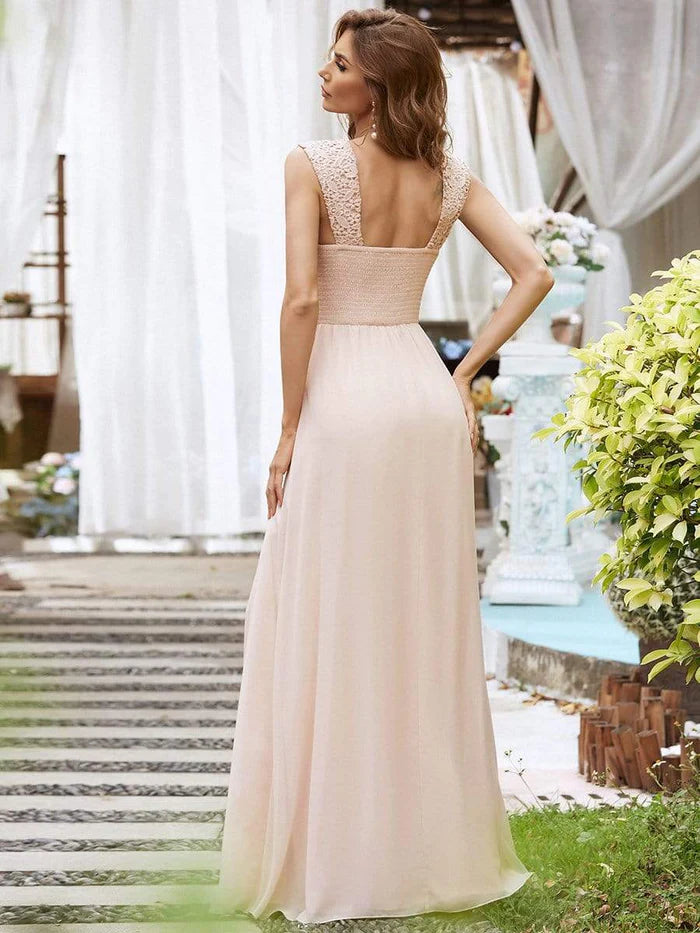 Elegant A Line Long Chiffon Bridesmaid Dress With Lace Bodice