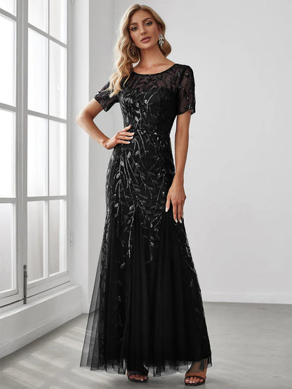 Floral Sequin Maxi Fishtail Tulle Prom Dress with Short Sleeve