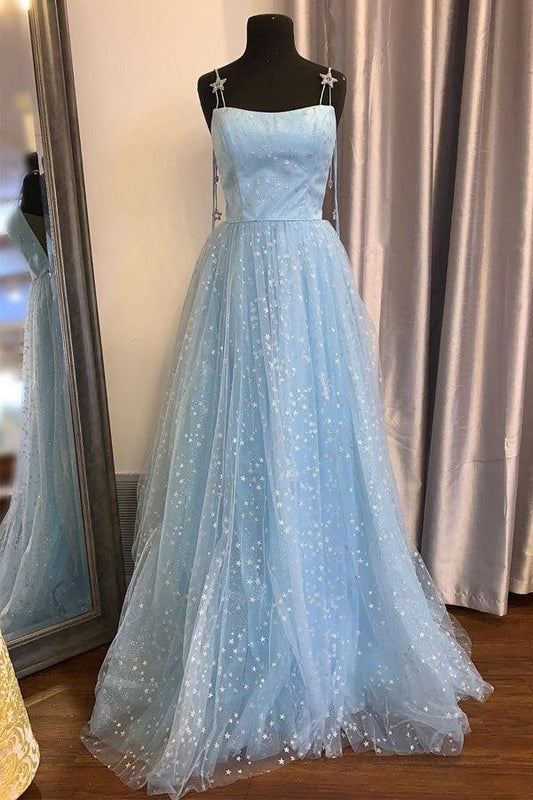 Elegant A-Line Straps Light Blue Long Prom Dress with Stars