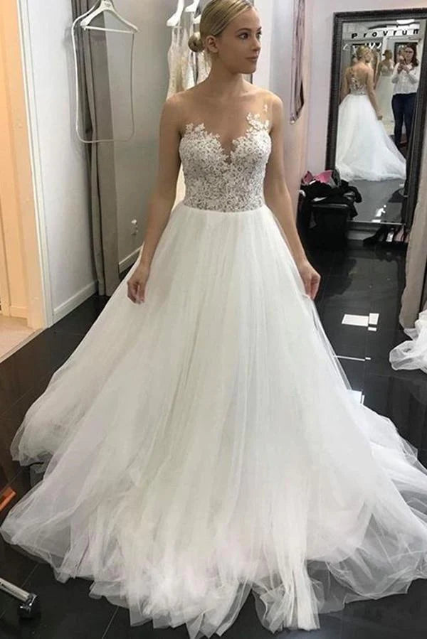 Flossy A Line Sleeveless Lace Ivory Tulle Wedding Dresses Bridal Gown with Appliques