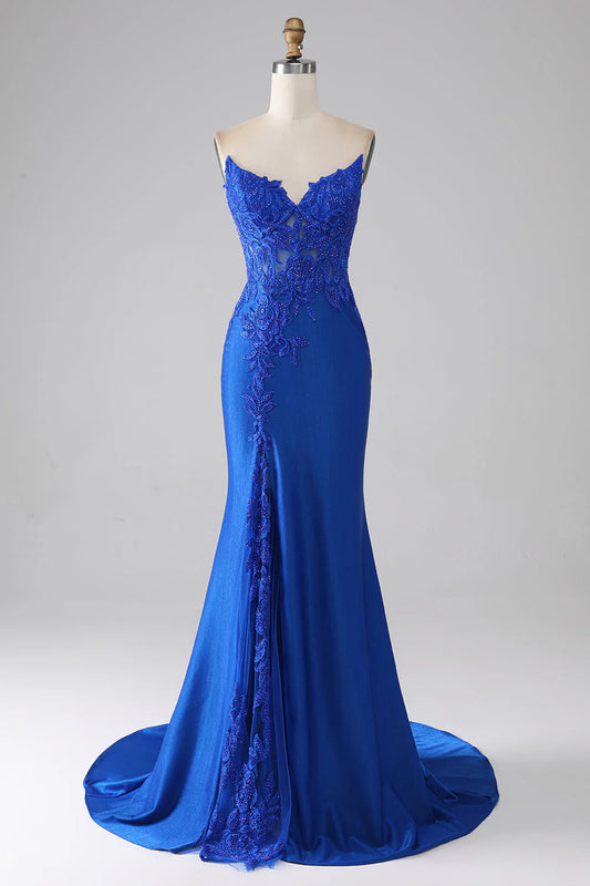 Royal Blue Mermaid Shoulderless Strap with Decal Long Beaded Prom Dress