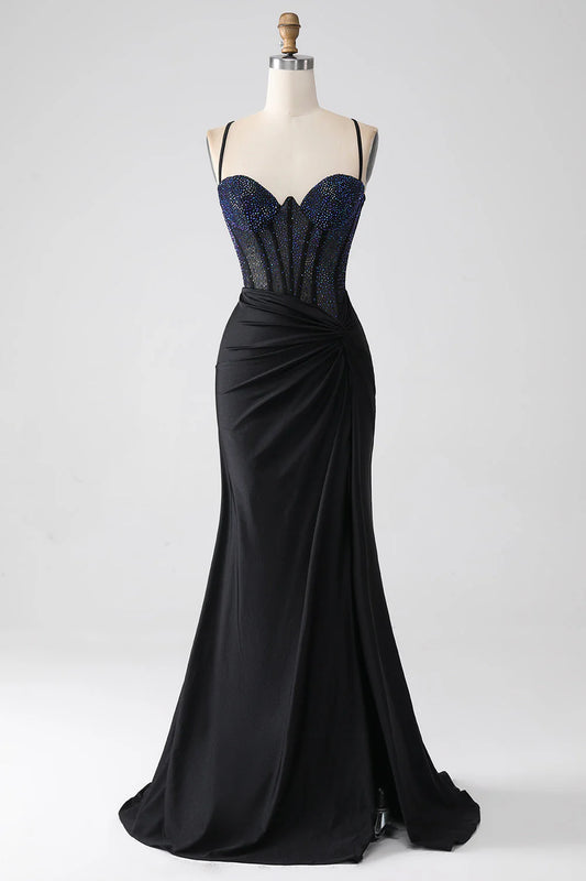 Black Mermaid Slim Shoulder Strap Beaded Long Tight Corset Prom Dress