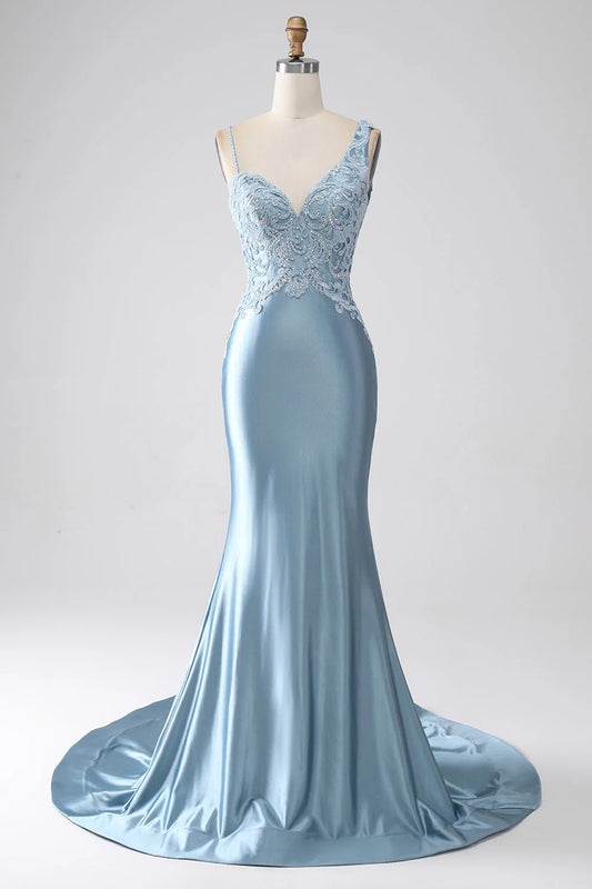 Grey blue mermaid thin shoulder strap decal long beaded prom dress