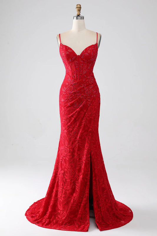 Red Mermaid Thin Shoulder Strap Beaded Lace Sticker Split Prom Dress