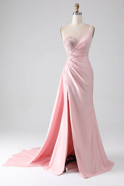 Pink Mermaid One Shoulder Sequin Sticker Pleated Split Prom Dress