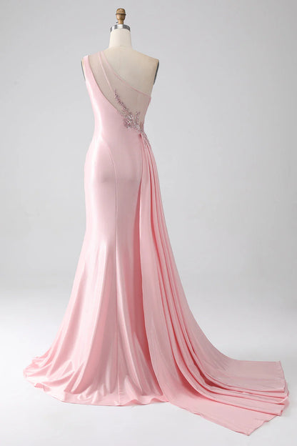 Pink Mermaid One Shoulder Sequin Sticker Pleated Split Prom Dress