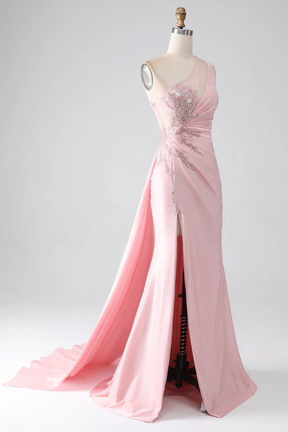 Pink Mermaid One Shoulder Sequin Sticker Pleated Split Prom Dress