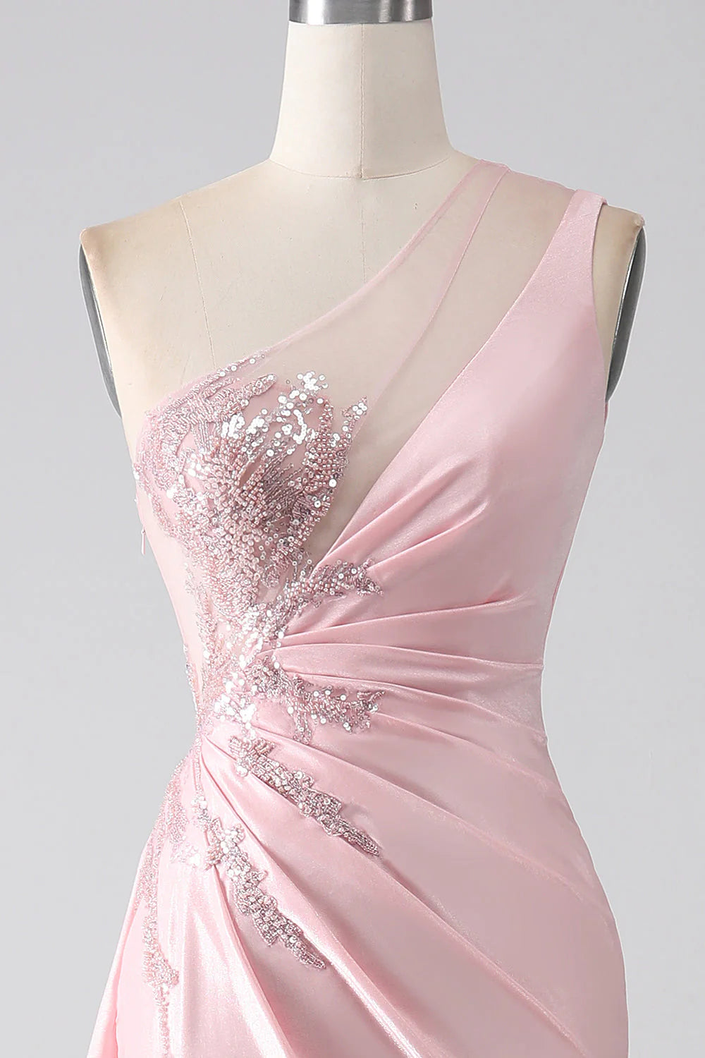 Pink Mermaid One Shoulder Sequin Sticker Pleated Split Prom Dress