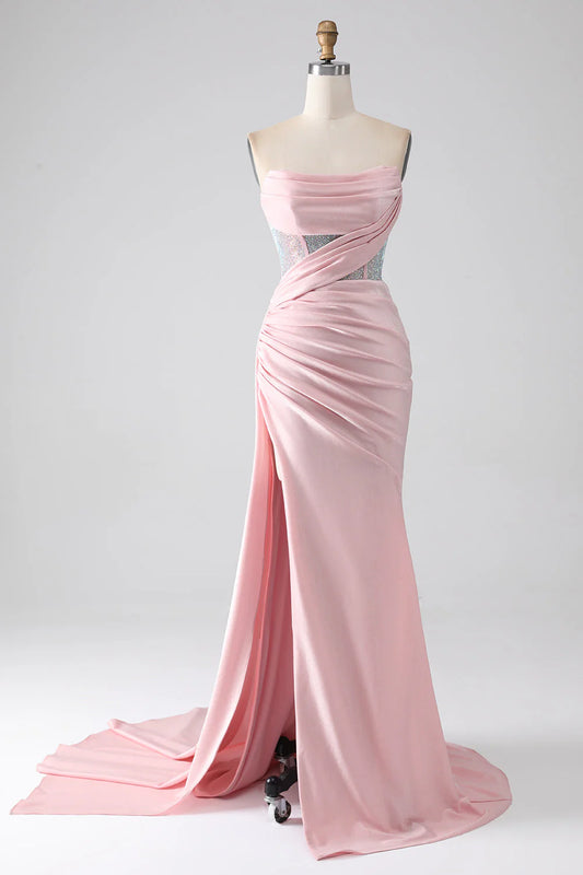 Pink mermaid strapless beaded pleated long high slit prom dress