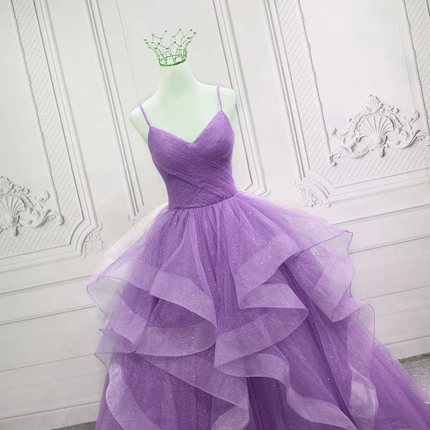 Gorgeous Purple Straps Layers Tulle V-neckline Long Evening Dress, Light Purple Prom Dresses