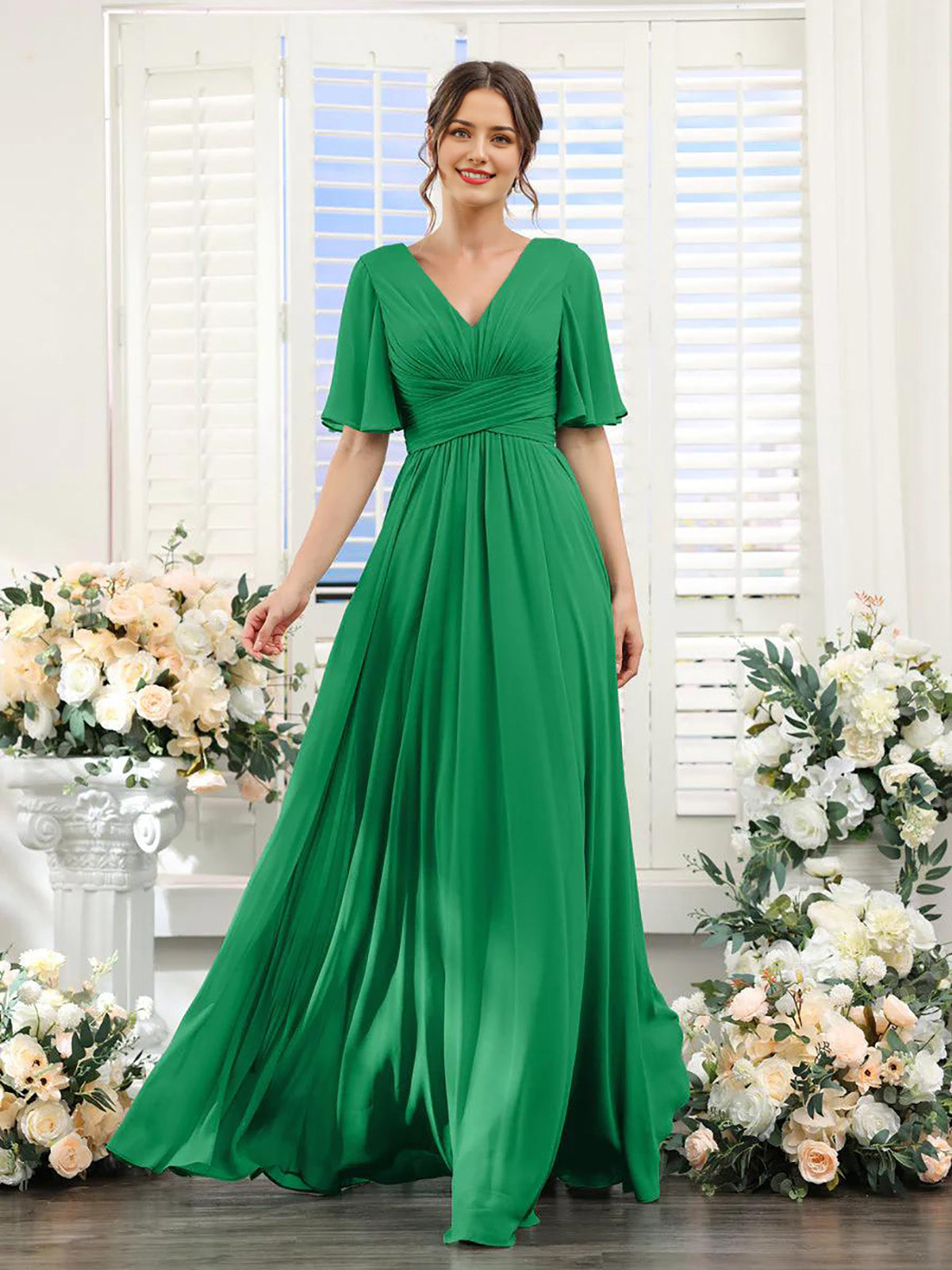 A-shaped V-shaped leader bridesmaid dress, suitable for wedding guests, long chiffon formal slit party dress