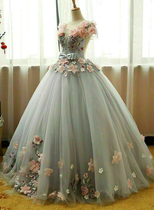 Grey Ball Gown 3D Flowers Princess Party Gown, Sweet Formal Dress Grey Formal Dress